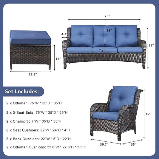 Rilyson Wicker Patio Furniture Set - 6 Piece Rattan Outdoor Sectional Conversation Sets with 2 Sofa,2 Armrest Chairs and 2 Ottomans for Porch Deck Garden(Brown/Blue)