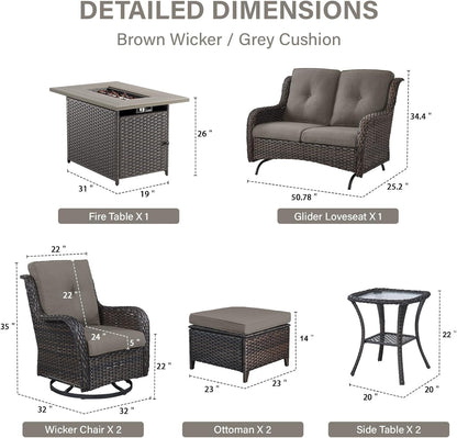 8 Piece Outdoor Patio Furniture Set - 41" CSA Propane Fire Pit Table Patio Conversation Set with Swivel Rocker Outdoor Chairs, Wicker loveseat and Ottoman for Outside Casual Gathering
