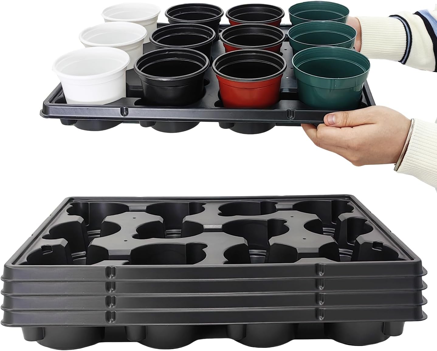 12 Cell Round Nursery Trays Thickened Durable Seedling Pots Shuttle Carrying Trays for Holding 4 inch Pots (16.85" 12.6", 5-Pack)