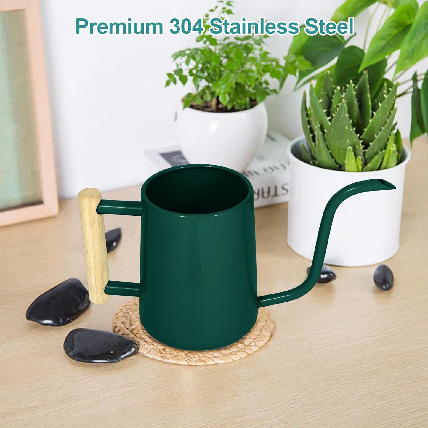 Watering Can Indoor Plants, 35 oz/1000 ml Metal Stainless Steel Watering Can Pot with Long Spout for Indoor House Plants Bonsai Outdoor Garden Flower Decorative (Alpinegreen)