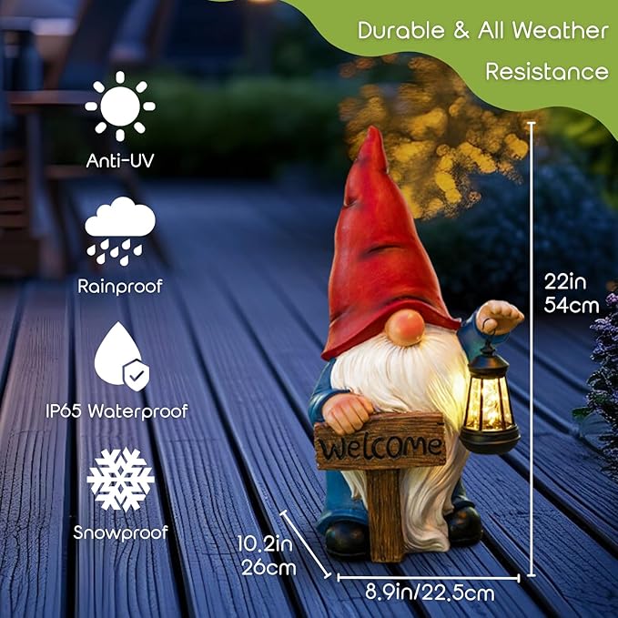22" Solar Large Gnome Garden Statue Big Gnome with Welcome Sign Outdoor Decor with LED Lantern Home Porch Yard Patio Lawn Ornament Christmas Housewarming Gardening Gift