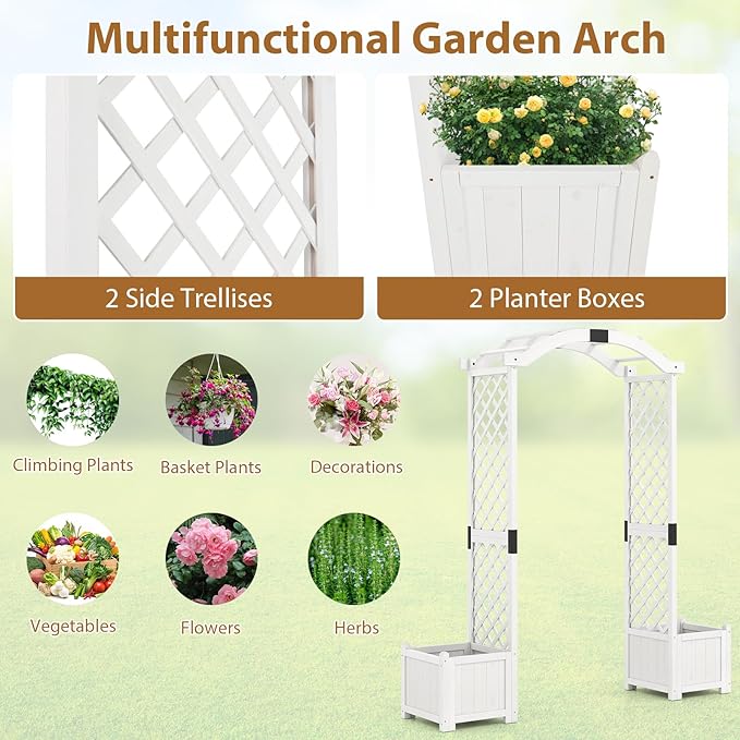 Giantex Garden Arbor with Planter Boxes, Wooden Arch with Trellis and Raised Garden Bed for Climbing Vine Plants Vegetables Herbs, Decorative Arbor Archway for Wedding, Ceremony, Party (White)