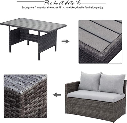 Wisteria Lane Outdoor Patio Furniture Set, 7 Piece Outdoor Dining Sectional Sofa with Dining Table and Chair, All Weather Wicker Conversation Set with Ottoman, Light Grey Cushion