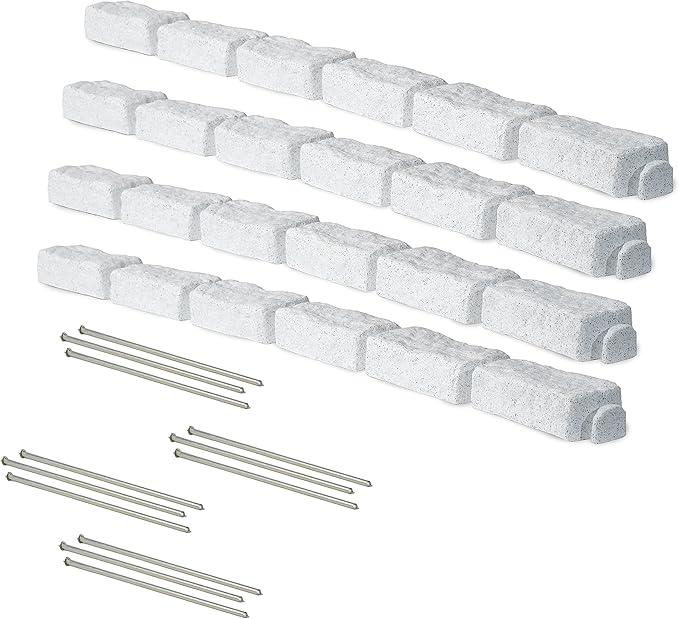 Beuta Landscape Edging | Garden Edging Border | No Dig Faux Stone Bricks & Spikes for Lawn Edging, Flower beds, Pathways & Yards – 4 Packs | Each Pack Has 6 Bricks 48" Lx 4" W x 2.25" H|Limewash