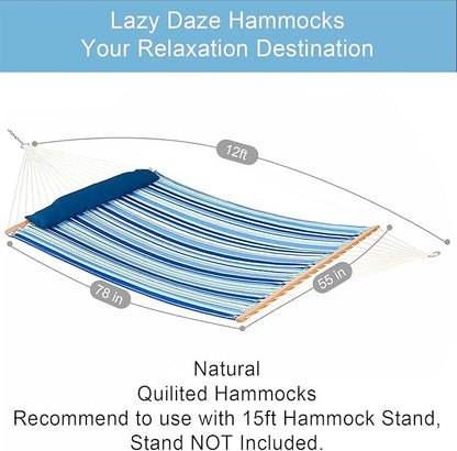 Lazy Daze Hammocks 12 FT Quilted Fabric Double Hammock with Spreader Bars and Detachable Pillow, 450lbs Weight Capacity