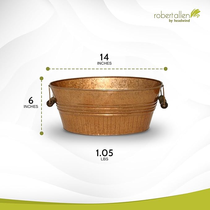 Headwind Vintage Collection 14-Inch New Penny Oval Galvanized Tub with Handles – Metal Wash Basin Planter - Galvanized Metal Tub for Indoor & Outdoor Use by Robert Allen
