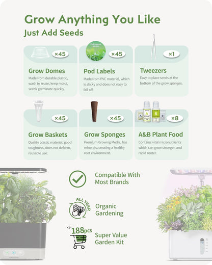 188Pcs Hydroponic Pods Supplies: Grow Anything Kit with 45 Grow Sponges, 45 Grow Baskets, 45 Grow Domes, 45 Pod Labels, 8 A&B Plant Food - Compatible Hydroponics Growing System Most Brands