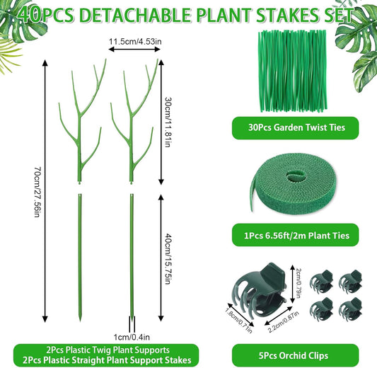 2 Pack 27.56" Detachable Twig Plant Support Stakes Set, Blends in to Plant, Branch Plant Sticks with Orchid Clips Twist Plant Ties, Twig Trellis for Indoor Outdoor Plants Potted Plants Flower