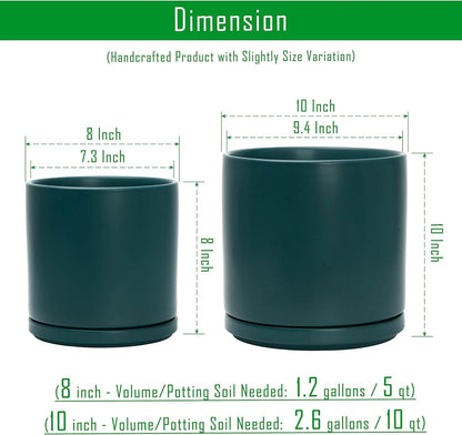 D'vine Dev 8 Inch & 10 Inch Ceramic Planter Pot for Plants with Drainage Hole and Saucer, Large Plant Pots Set, Teal, 94-G-L-9
