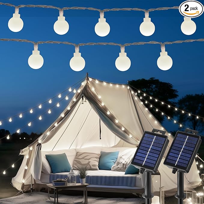 Brightown Solar Lights Outdoor Waterproof, 2 Packs Total 39Ft 120 LED Globe Solar String Lights for Outside, 8 Modes Outdoor Solar Lights for Yard Balcony Patio Tree Canopy Party (Pure White)