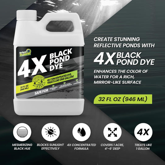 32oz Reflective Black Pond Dye, 4X Concentrate Pond Dye Black, Natural Looking and Long Lasting Liquid Lake Colorant, Protects Against Sunlight - Ideal for Fish, Birds, and Wildlife