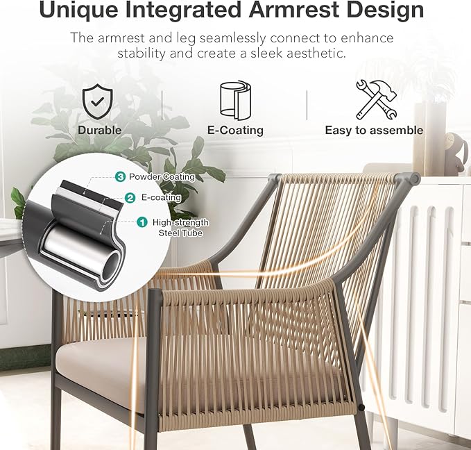 Patiorama 5-Piece Patio Dining Set, Outdoor Dining Table Chair Set, All-Weather Embossed Rattan Wicker Rope Conversation Set, Patio Furniture Set w/Umbrella Hole, 4 Cushioned Chairs&Glass Table(Beige)