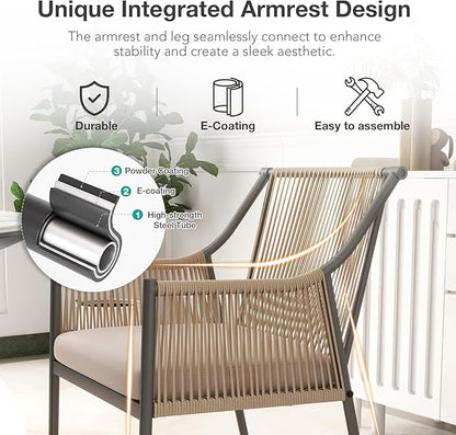 Patiorama 5-Piece Patio Dining Set, Outdoor Dining Table Chair Set, All-Weather Embossed Rattan Wicker Rope Conversation Set, Patio Furniture Set w/Umbrella Hole, 4 Cushioned Chairs&Glass Table(Beige)