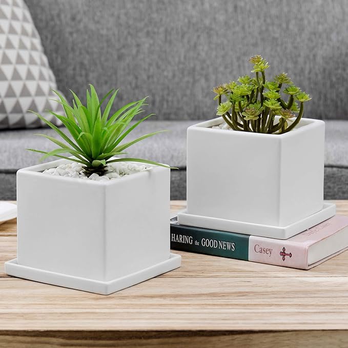 MyGift Modern White Ceramic Small Plant Pot, Decorative Square Flower Succulent Planter, Set of 2