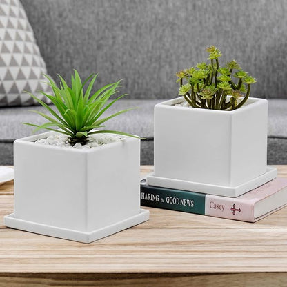 MyGift Modern White Ceramic Small Plant Pot, Decorative Square Flower Succulent Planter, Set of 2