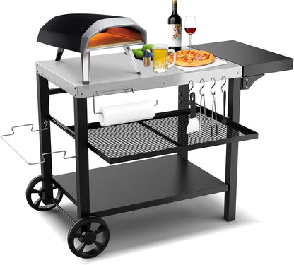 Outdoor Kitchen Island, Grill Table Cart with Drawer, Pizza Oven Stand, Movable 3-Shelf Prep Table with Side Table for Ninja Woodfire, Ooni Pizza Oven, Blackstone Griddle, Cuisinart, Cooking Station