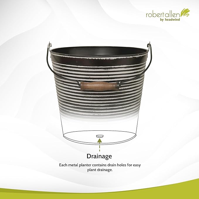 Headwind Robert Allen Vintage Ribbed Metal Planter with Handle, 10-Inch, Charcoal – Lightweight Indoor/Outdoor Flower Pot with Drainage Hole