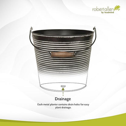 Headwind Robert Allen Vintage Ribbed Metal Planter with Handle, 10-Inch, Charcoal – Lightweight Indoor/Outdoor Flower Pot with Drainage Hole