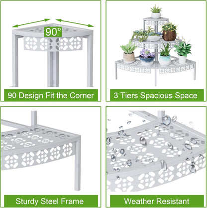3 Tier Plant Stand Semi-Circular Flower Pot Organizer Rack Quarter Round Plant Display Holder Outdoor Storage Shelves Metal Corner Shelf Planter Shelving Ladder Plant Stand for Indoor Use(White)