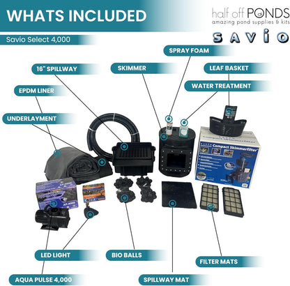 HALF OFF PONDS Savio Select 4,000 GPH Submersible Pump Pond Kit with 15' x 15' EPDM Rubber Pond Liner for Water Garden & Koi Pond