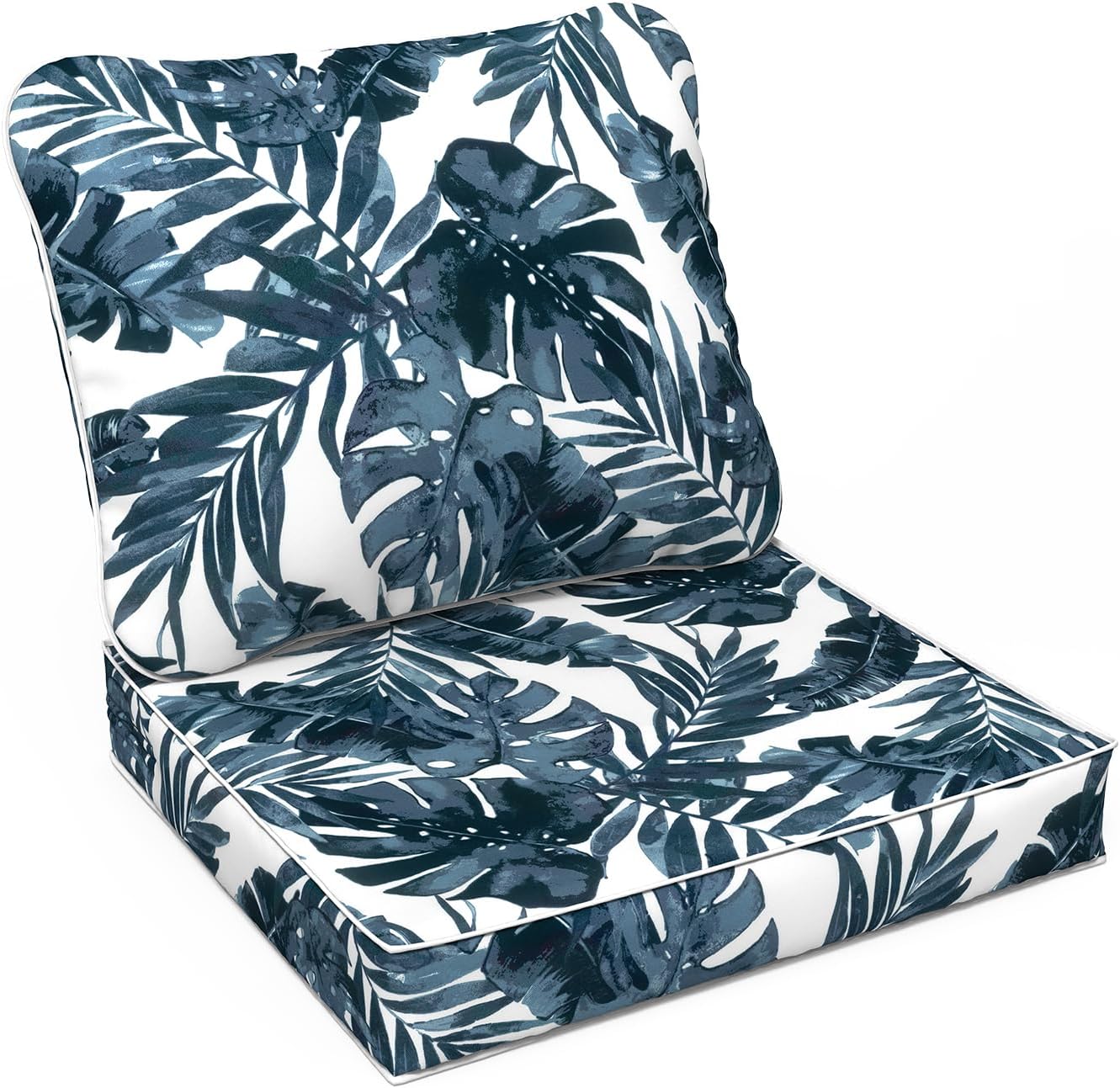 LVTXIII Outdoor Deep Seat Cushion Patio Seat and Back Cushion Set Seasonal Chair Cushion with Removable Cover and Adjustable Buckle for Home and Garden, 22"x22"x4", Palms Blue