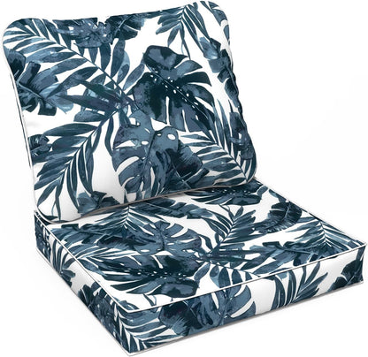 LVTXIII Outdoor Deep Seat Cushion Patio Seat and Back Cushion Set Seasonal Chair Cushion with Removable Cover and Adjustable Buckle for Home and Garden, 22"x22"x4", Palms Blue