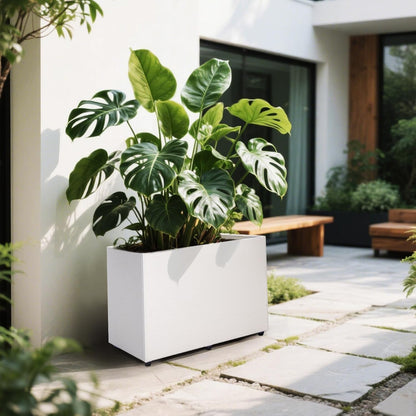 Planter Box Rectangular Block - 24×16×12IN Galvanized Steel Metal Long Box Planter Easy Installation Modern Outdoor Tall Planters All-Weather Use with Drainage Holes for Patio/Porch(White)