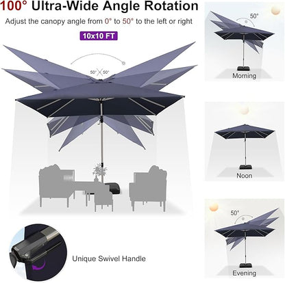 PURPLE LEAF 10' X 10' Left-right Tilting Patio Umbrella Outdoor Swivel Cantilever Umbrella Aluminum Offset Umbrella with Champagne Frame and 360-degree Rotation for Garden Deck Pool, Navy Blue