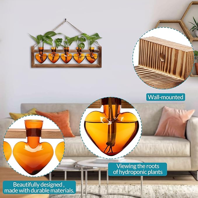 Plant Terrarium Hanging Propagation Stations Gift for Women Air Plants Holder with Wooden Stand Heart Glass