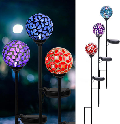 VCUTEKA Solar Garden Decorative Lights Outdoor, Mosaic Solar Light Waterproof LED Pathway Stake Light for Landscape Patio Yard Deck Walkway Decoration, 3 Pack （Blue&Purple&Red）