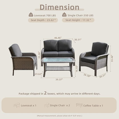 4-Piece Wicker Patio Furniture Set, All-Weather Rattan Conversation Bistro Loveseat Chair and Table Set for Backyard, Balcony and Deck with Soft Cushions and Metal Table(Black)