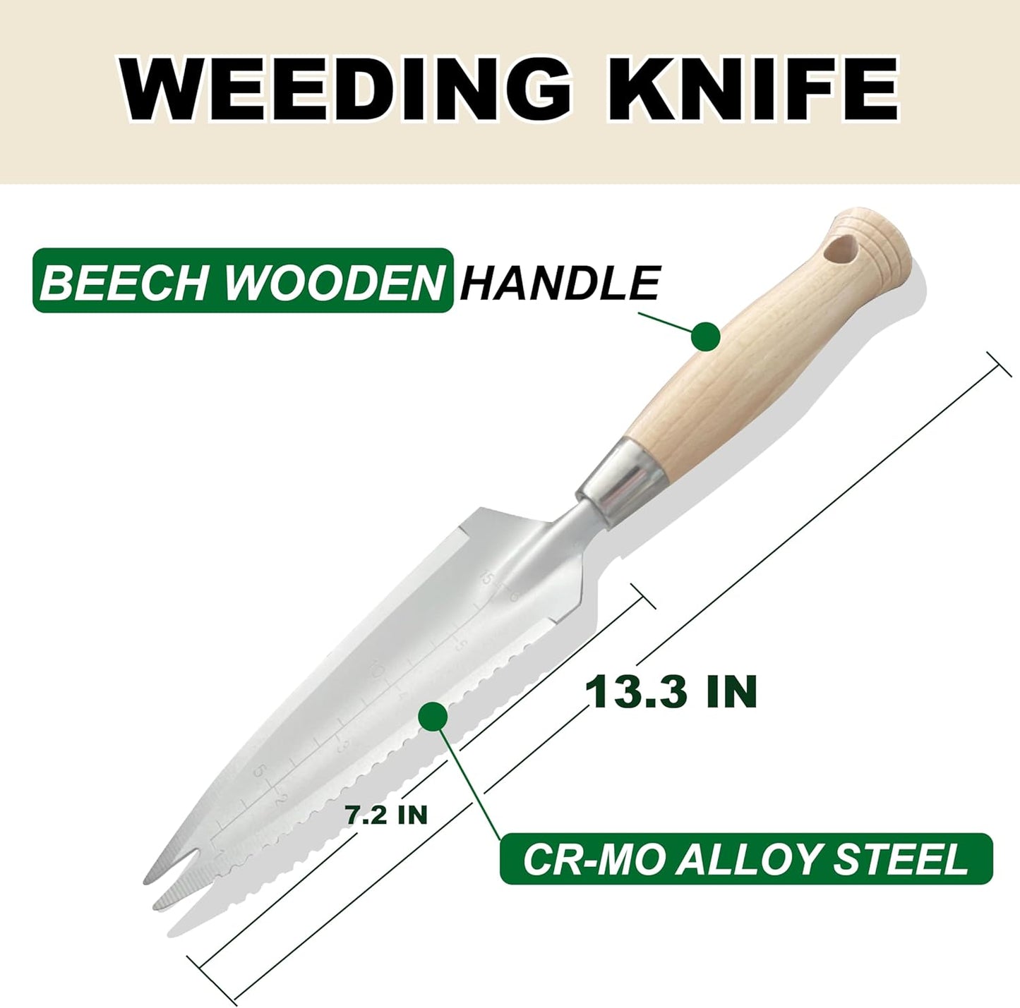SUMIO 13.3" Alloy Steel Garden Trowel with Forked Tip and Depth Markings, Weeding Knife for Root Cutting, Transplanting, Digging, and Slit Weeding