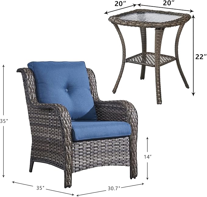 Rilyson Patio Bistro Set Wicker Chairs - 3 Piece Outdoor Rattan Conversation Set with 2 Armrest Chair and 1 Side Table for Proch Deck Garden Backyard Balcony(Mixed Grey/Blue)