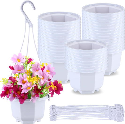 Roshtia 24 Pcs Hanging Plastic Planter Pot with Hook Flower Pots Baskets Hanging Nursery Planter Holder for Outdoor Indoor Plant Garden(Ceramic White,3.7 Inch)