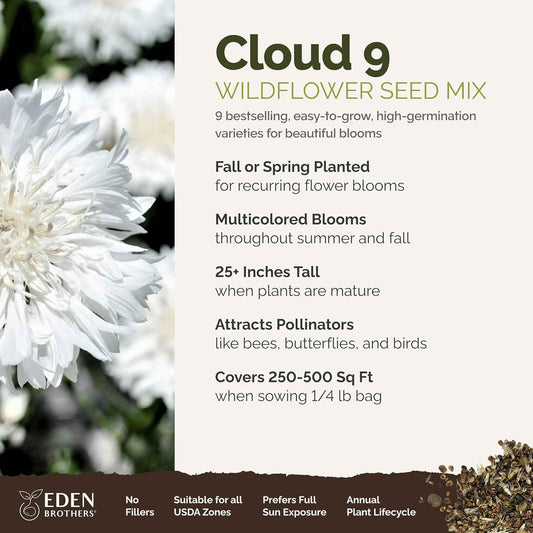 Eden Brothers Cloud 9 Flower Mixed Seeds for Planting, 1/4 lb, 120,000+ Seeds with White Candytuft, Cosmos Purity | Attracts Pollinators, Plant in Spring or Fall, Zones 3, 4, 5, 6, 7, 8, 9, 10