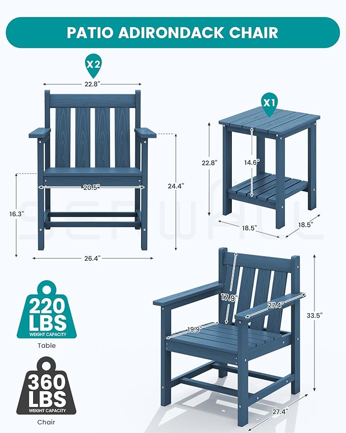 SEWRWALL Patio Furniture Set, HDPE Material All Weather Use Adirondack Chair Set with Side Table for Balcony, Porch, Garden, Backyard- Navy