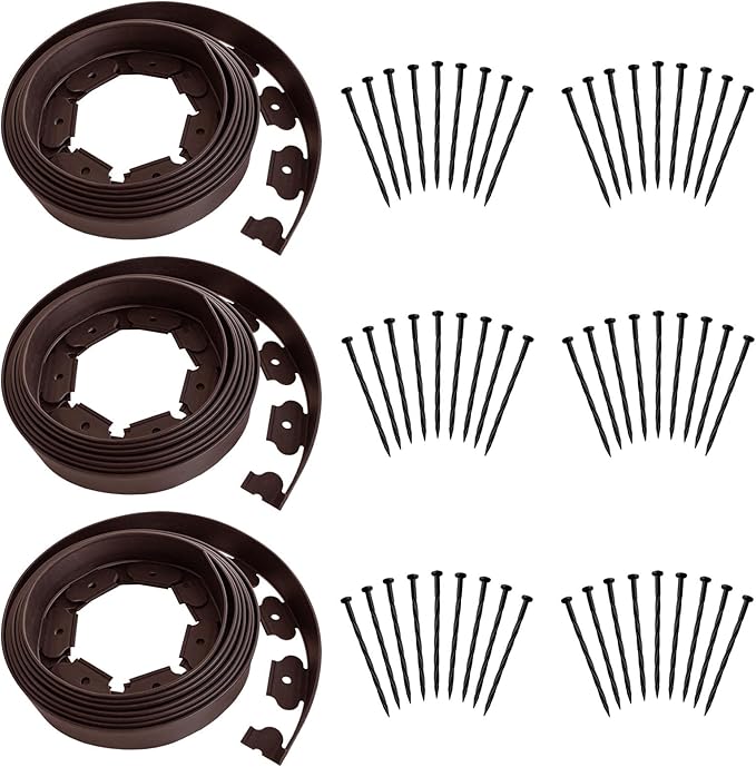 Landscape Edging 60ft Length No Digging Garden Edging Kit Include 54 Spikes, Premium Yard Edging Fence with One Spike per Feet, Brown