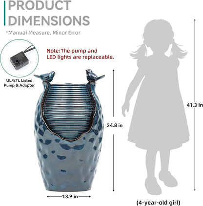 24.8" H Ceramic Jar Outdoor Water Fountain with LED Lights & Bird Accents, Elegant Turquoise Glaze with Bubble-Like Texture, Decorative Garden Water Feature