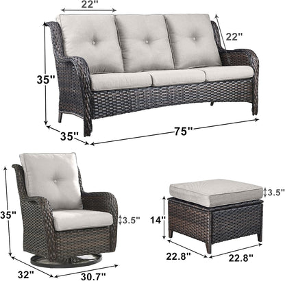 Outdoor Wicker Patio Furniture Set - 5 Piece Rattan Patio Conversation Set with 2 Rocking Swivel Chairs,2 Ottomans and 1 Sofa for Porch Deck Backyard Garden(Brown/Beige)