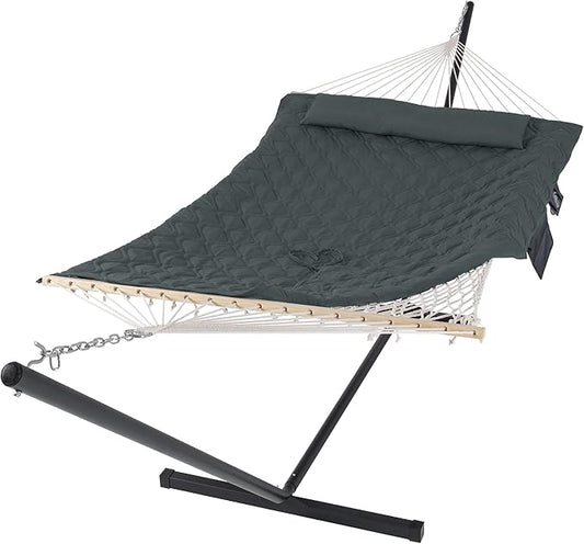 SUNCREAT Patio Portable Hammock with Stand, Outdoor Double Hammock with Stand Included, Gray Green Drops