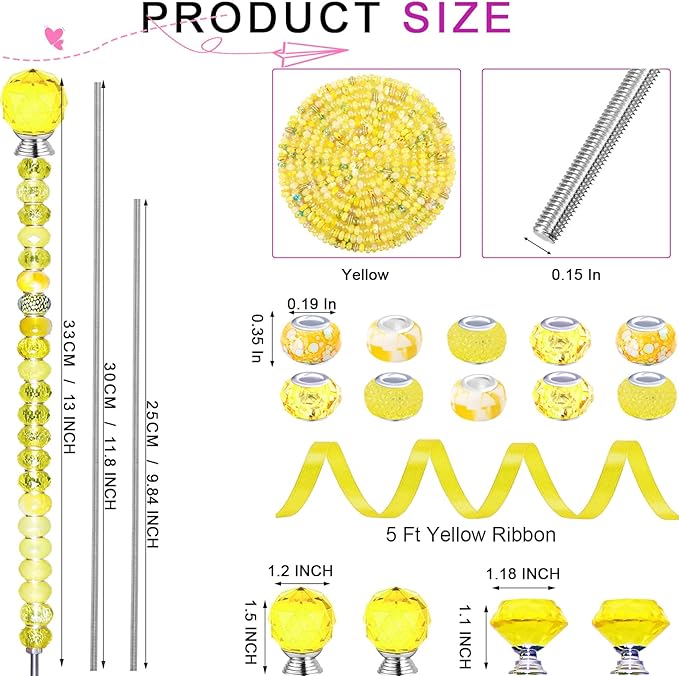 119 Pcs Garden Stake DIY Fairy Wand Plant Stake with Yellow Large Hole Beads Crystal Diamond Stopper Top 4 Stainless Steel Threaded Rod Beaded Garden Stakes for Outdoor Indoor Yard Patio Decorations