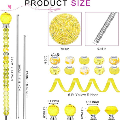 119 Pcs Garden Stake DIY Fairy Wand Plant Stake with Yellow Large Hole Beads Crystal Diamond Stopper Top 4 Stainless Steel Threaded Rod Beaded Garden Stakes for Outdoor Indoor Yard Patio Decorations