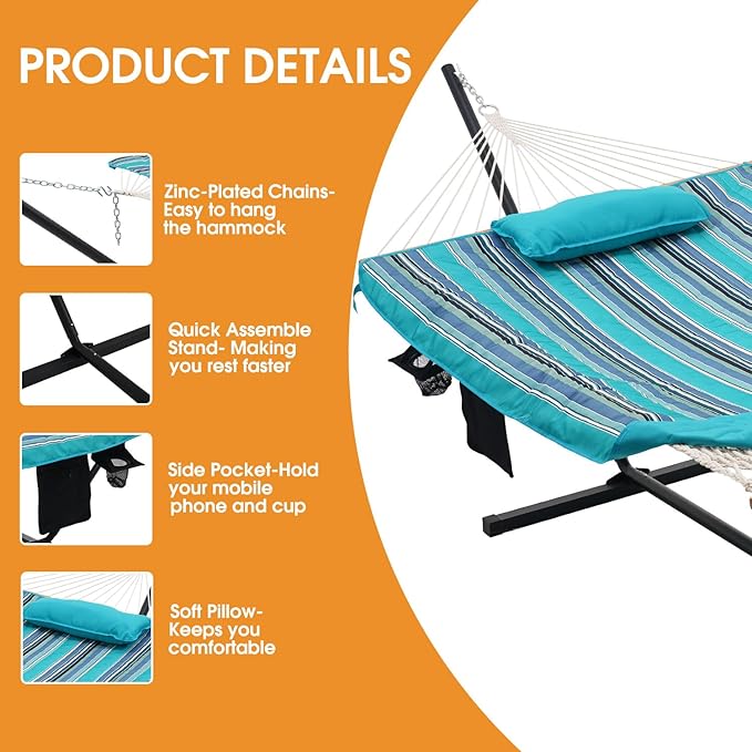 Lazy Daze Hammocks Double Outdoor Hammock with 12 ft Steel Stand, 2 Person Cotton Rope Hammock with Quilted Pad and Detachable Pillow, Spreader Bars, Mag Bag & Cup Holder, Blue Ocean Stripe