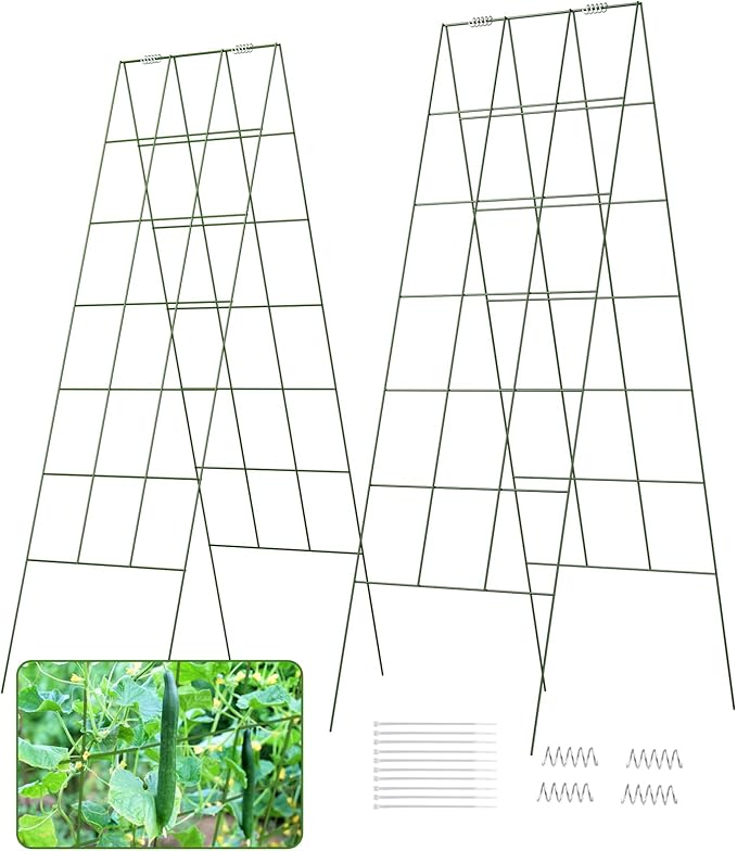 DOEWORKS Cucumber Trellis, 56" High Foldable A Frame Garden Trellis, 2 Pack, Plant Support for Climbing Cucumber, Beans, Tomatoes, Flowers, Green