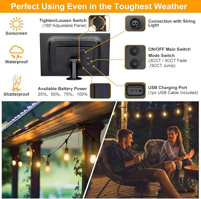 Mlambert 3-Color in 1 Solar String Lights Outdoor Waterproof Dimmable, 48ft Remote LED Patio Lights,15 Hanging Sockets Shatterproof Light for Backyard