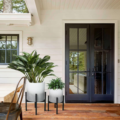 10 & 12 Inches Planters with Metal Sand for Indoor Plants Set of 2,Decorative Plant Pots with Holder, Outdoor Flower Pots with Legs, Modern Garden Pot with Drainage Holes for Snake Plant, House plants