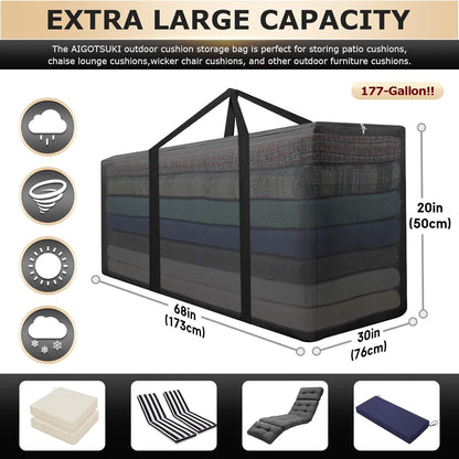 Extra Large Patio Outdoor Cushion Storage Bag Waterproof 68" L x 30" W x 20" H Outdoor Cushion Furniture Storage Bag with Handle and Protective Zipper (Black, 1 Pack)
