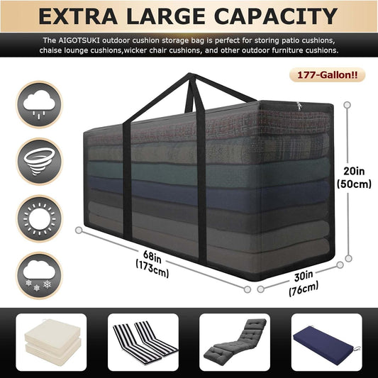 Extra Large Patio Outdoor Cushion Storage Bag Waterproof 68" L x 30" W x 20" H Outdoor Cushion Furniture Storage Bag with Handle and Protective Zipper (Black, 1 Pack)