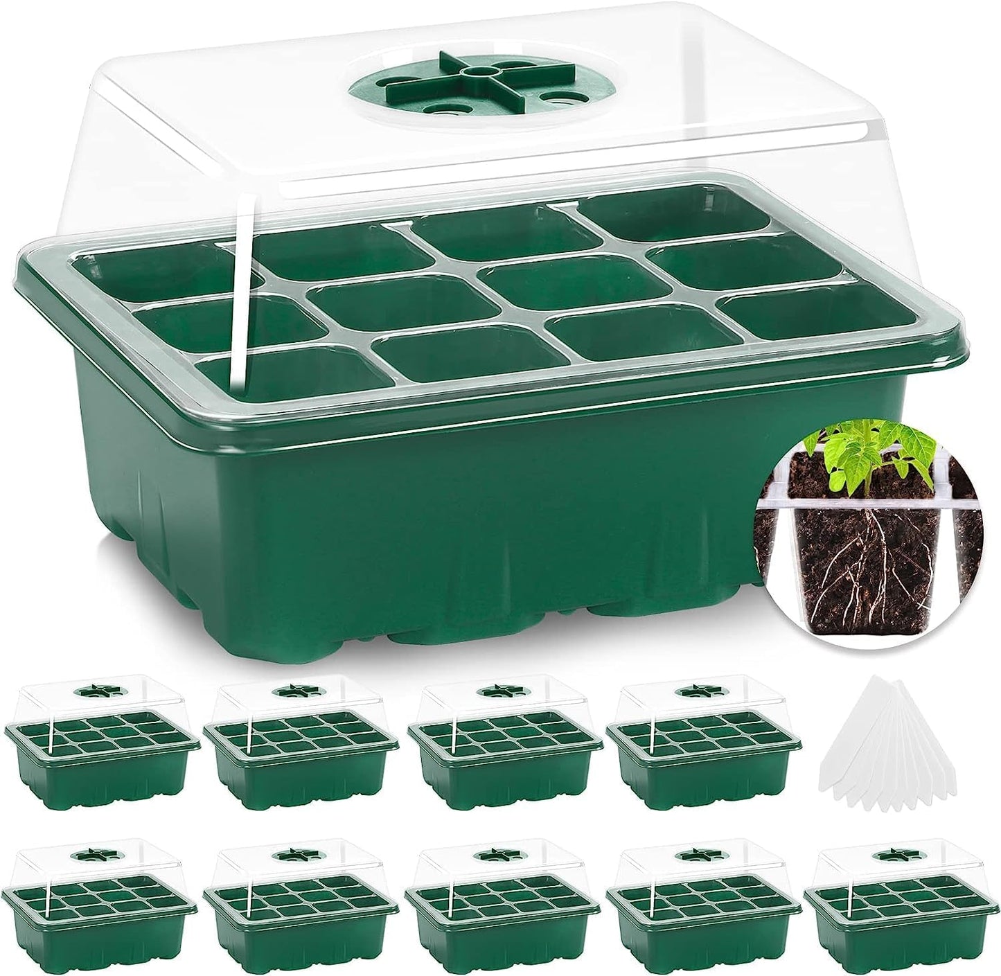 MIXC 10 Packs Seed Starter Tray Seed Starter Kit with Humidity Dome (120 Cells Total Tray) Seed Starting Trays Plant Starter Kit and Base Mini Greenhouse Germination Kit for Seeds Growing Starting