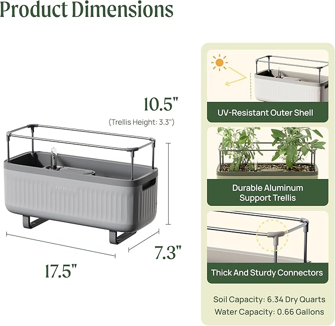 Vego garden 2 Pack Herb Indoor Plant Box, Self Watering Planters Pots for Indoor Plants with Trellis for Kitchen Window Sill or Countertop Plants Cage - Fog Gray